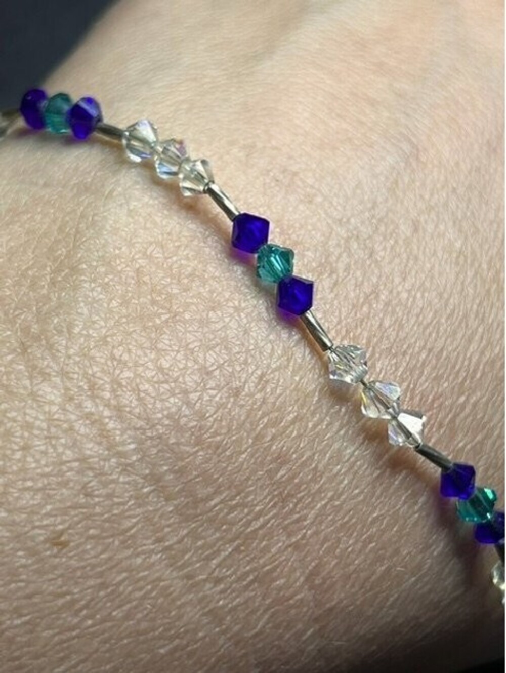B5665 Crystal Beaded Bracelet / Anklet Sterling Silver 925 Blue Teal Clear 10.5"